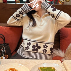 Half Zipper Knit Cardigan Sweater Women Pullovers Cozy Loose Sweater Jacket Collared Long Sleeve Floral Print Fall Winter Outfit