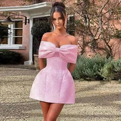 Jacquard Waist Wrap A-line Dress Women Mini 2024 Spring Summer Dress Elegant Bow Backless Sexy Party Dresses