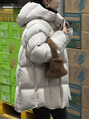 Women Korean-Style Hooded Glossy Cotton Coat Zipper Pocket Long-Sleeve Warm Parka for Autumn Versatile Outerwear Casual New