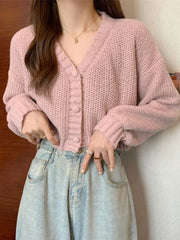 Sexy Cropped Sweet Cardigan Women V Neck Vintage Slim Long Sleeve Knitted Sweaters Korean Causal Simple Solid Lady Fall Tops New