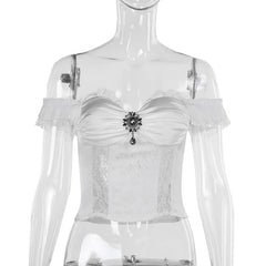 Gothic Bride Off-Shoulder Strap Cropped Top for Women Vintage Style Elegant Spicy Girls Versatile T-Shirt.