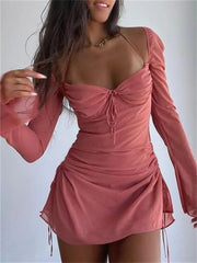 Elegant Off-Shoulder Halter Short Dress Women Long Flare Sleeve Side Drawstring Ruched Mini Dress A-Line Party Vestidos