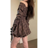 Vintage Plaid Mini Dress Women Streetwear Sexy Slash Neck Belt One Pieces Dresses Harajuku Korean Long Sleeve Tunic Vestidos New