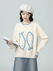 O Neck Vintage Print Sweaters Women Preppy Style Japan Lazy Wind Knitted Jumper Loose Long Sleeve Retro Sweet Cute Pullover