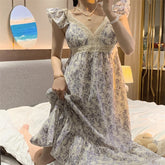 Floral Print Sleepwear Womens with Pad Nightgown Korean Vintage Ruffles Night Dress One Piece Pajama Summer V-neck Home Wear New
