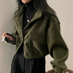 Pbong Autumn Winter Loose Woolen Coat Women Large Size with Pockets Small Stand Collar Long Sleeve Button Hong Style Women's Clothing