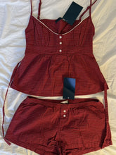 Red Plaid Buttons Tank Shorts Set Woman Back Lace-up Lace Trim Slim Camis+Elastic Waist Sweatshorts Sweet Cotton 2 Piece Sets