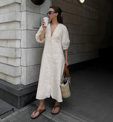 Elegant Beige Women Linen Dress Puff Sleeve Long Backless Button Dress Ladies V-Neck Cotton Dress Soft Fashion
