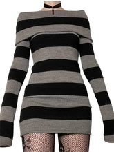 Pbong Women Autumn Dress Striped Boat-Neck Long Sleeve Bodycon Short Dress Y2K Gothic Wrapped Hip Party Dresses