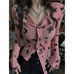 Korean Fashion Designer Butterfly Y2k Fashion Women Shirts Blouses Long sleeve Top Elegant Youth Clothing Sexy Shirt