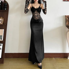 Lace Satin White Party Dresses Women Elegant Sexy V Neck Backless Maxi Dress with Gloves