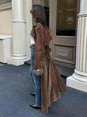 Elegant Suede Leather Belt Long Windbreaker Coat Fashion Double Button Lapel Oversize Jacket Autumn High Quality Streetwear