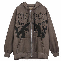Hip Hop Streetwear Women Angel Dark Print Harajuku Hooded Jacket Sweatshirts Autumn Punk Zipper Y2k Tops Coat Goth Outwear