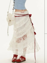 Fairycore Lace Long Skirts Women Elegant Irregular Tulle Layered Skirt Boho Vintage White See Through Holiday Skirts