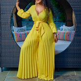 Pbong Summer New V-neck Sexy Belted Pleated Wide Leg plus Size One-piece Women's Romper Casual Comfortable Breathable Clothing