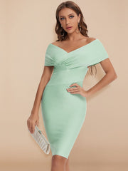 Summer Women Sexy Off Shoulder V Neck Bandage Dress Green Bodycon Sheath Elegant Knee Length Party Club XL Vestido Pbong mid size graduation outfit romantic style teen swag clean girl ideas 90s latina aesthetic