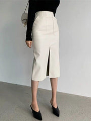 Spring Autumn Women Fashion High Waist Pu Midi Skrits Lady Slim Elegant Split Solid Color Faux Leather Skirts