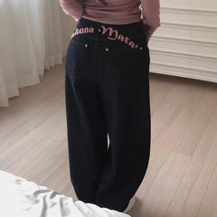 Pbong Women's Sweet Casual Full Length Baggy Denim Trouser Retro Emo Harajuku Loose Jeans Letter Embroidery High Waist Y2K 2000s Pants