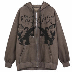 Hip Hop Streetwear Women Angel Dark Print Harajuku Hooded Jacket Sweatshirts Autumn Punk Zipper Y2k Tops Coat Goth Outwear
