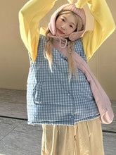 Cute Blue Plaid Puffy Vest Women Loose Vintage Sleeveless Warm Thick Winter Sweet Vest Coat Korean Preppy Style Outwear Top