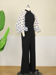 Women Black Jumpsuits Patchwork Sleeves Polka Dot See Through High Waist Slim Elegant Office Ladies One Piece Fashion Bodysuit Pbong mid size graduation outfit romantic style teen swag clean girl ideas 90s latina aesthetic