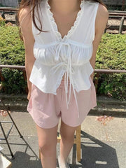 Korean Simple V-neck Lace Up Slim Fit T-shirts Summer Ruched Fungus White Tees Tops Y2k E-Girl Sleeveless Vest Blouse Shirts