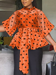 Women White Blouses Polka Dot Peplum See Through Sexy Thin Transparent Half Flare Sleeves Waist Belt Tops Shirt Fashion Bluas Pbong mid size graduation outfit romantic style teen swag clean girl ideas 90s latina aesthetic