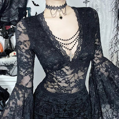 Autumn New Halloween& Party Dark Wind Temperament Lace V-Neck Bead Chain Top Women