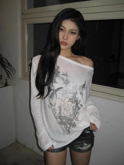 Korean Fashion Graphic Tees Women Transparent Vintage Gothic T Shirt Long Sleeve Loose Punk T-shirt Streetwear Tops