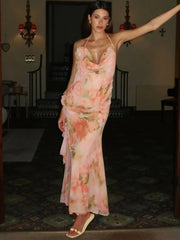 Halter Print Ruffle Sexy Maxi Dress Women Gown Summer New Fashion Sleeveless Backless Ruched Beach Club Party Dress
