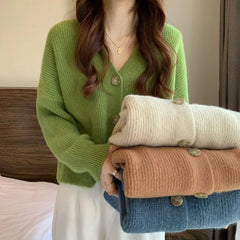 Button Down V-neck Cardigan Sweater Women Cocoon Single Breasted Knitted Jacket Ladies Fall Winter 2025 Casual Cosy Outfit