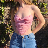 Y2k Women Chic Cute Floral Pink Corset Top Mesh See Through Tie Up Mini Camis Off Shoulder Backless V-neck Tank Top Streetwear