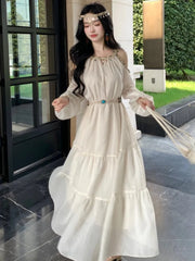 Autumn Women Fashion Vintage Casual Off Shoulder Long Sleeve Midi Dress O Neck A-Line Ruffles Party Birthday Dress New Clothing