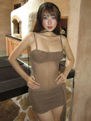 Splice Mesh Sexy Suspender Dress Women Fashion Slim Ruched Ribbon Mini Dress New See Through Female Summer Dress
