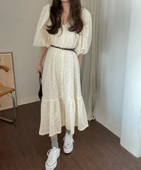 Hook Embroidery Puff Sleeve Spring Long Dress Korea Chic Lace V-neck Button 2025 New Dress A-line Hollow Beige Female Clothing