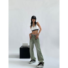 Women's Green Jeans Vintage Washed Multiple Pockets Wide Leg Pants Casual Street High Waist Baggy Denim Trouser Ladies Summer