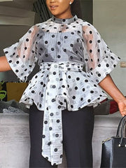 Women White Blouses Polka Dot Peplum See Through Sexy Thin Transparent Half Flare Sleeves Waist Belt Tops Shirt Fashion Bluas Pbong mid size graduation outfit romantic style teen swag clean girl ideas 90s latina aesthetic