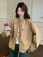Women Faux Suede Y2K Jacket Streetwear Loose Long Sleeve Vintage Coat American Casual Harajuku Retro Stand Collar Fall Tops