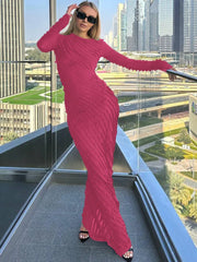 Elegant Long Sleeve Pleated Maxi Dress For Women Autumn Winter New O Neck Bodycon Long Dress Vestidos Clothes
