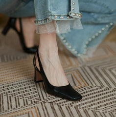 Ladies Summer Footwear High Heels Square Shoes for Women Black on Heeled Pumps Toe Normal Leather Casual Fashion Offer Sale