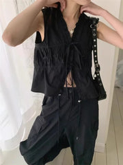 Korean Simple V-neck Lace Up Slim Fit T-shirts Summer Ruched Fungus White Tees Tops Y2k E-Girl Sleeveless Vest Blouse Shirts