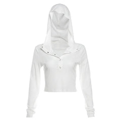 Hooded Long Sleeve Crop Tops Sheer Knit White Casual Shirts for Women Korean Fashion Clothes