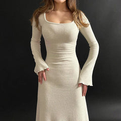 Elegant Frill Knit Square Neck Long Dress