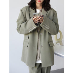 Women Office Lady Blazer Cuff Embroidery Wide Shoulder Twill Suit Women's Autumn Ladies Outerwear Stylish Tops