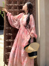 Women Autumn Floral Casual Beach Evening Party Long Dresses V Neck Vintage A-line Dress Korean Fashion Sweet Vestidos Mujer New