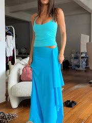 Vacation Solid Two-Piece Set Women Lace-Up Halter Backless Low-Neck Tops+Tassel Skirts Summer Simple Slim Matching Suits