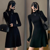 Pbong Women's Knitted A- Line Mini Dress Hepburn Little Black Dress Autumn Winter Inner Wear Slimming Base Layer Skirt For Coat