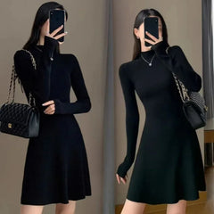 Pbong Women's Knitted A- Line Mini Dress Hepburn Little Black Dress Autumn Winter Inner Wear Slimming Base Layer Skirt For Coat