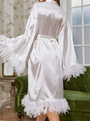 Pbong Women Satin Robe Sleepwear Solid Color Casual Feather Trim Long Sleeve Pajama Dress Ladies Loungewear Nightwear Bathrobe