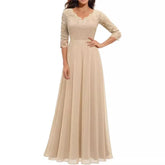 Pbong New 6-Color 5-Size Lace Splicing Long Waist-Cinching Elegant Dress Floor-Length V-Neck Polyester Fiber Evening Gown Dress